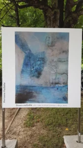Vue de l’exposition des peintures de Marianne Maillefer en plein air à Aubonne.